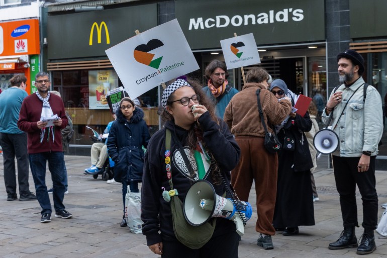 Local pro-Palestinian activists protest outside a branch of McDonalds in the London Borough of Croydon on 4th May 2024 in London, United Kingdom. The activists called for an immediate ceasefire in Gaza, for an end to Israel's occupation of Palestinian land and for the boycott of brands such as McDonalds perceived to support Israel. (photo by Mark Kerrison/In Pictures via Getty Images)