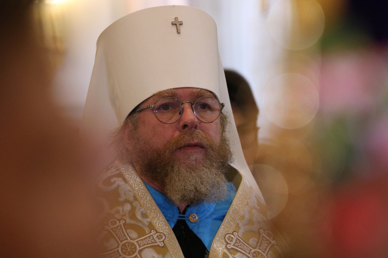 Metropolitan Tikhon Shevkunov, newly appointed head of the Crimean Metropolis of the Russian Orthodox Church, conducts a service at a cathedral in Simferopol, Crimea, October 21, 2023. REUTERS/Alexey Pavlishak