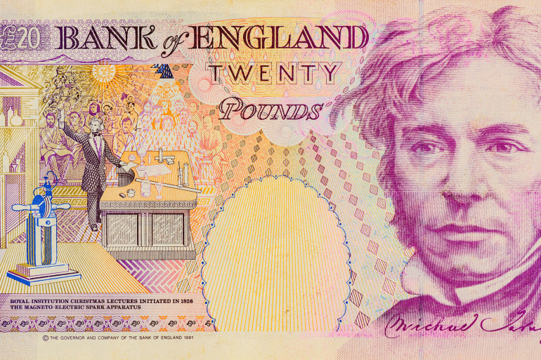 مايكل فاراداي Michael Faraday, lecture with students at left, magneto-electric spark apparatus at bottom left. Portrait from England 20 Pounds 1993 Banknotes.